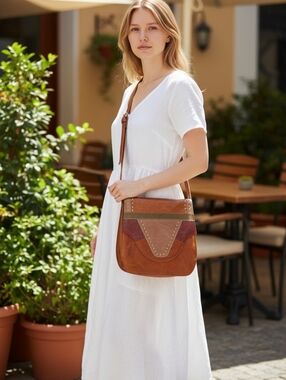 Margaret J. Leather Patchwork Crossbody Bag in Tan & Burgundy Made In Spain